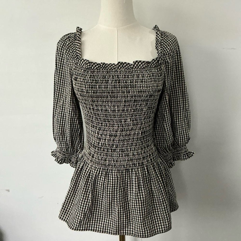 Max Studio black white gingham babydoll puff sleeve top size xs indie y2k